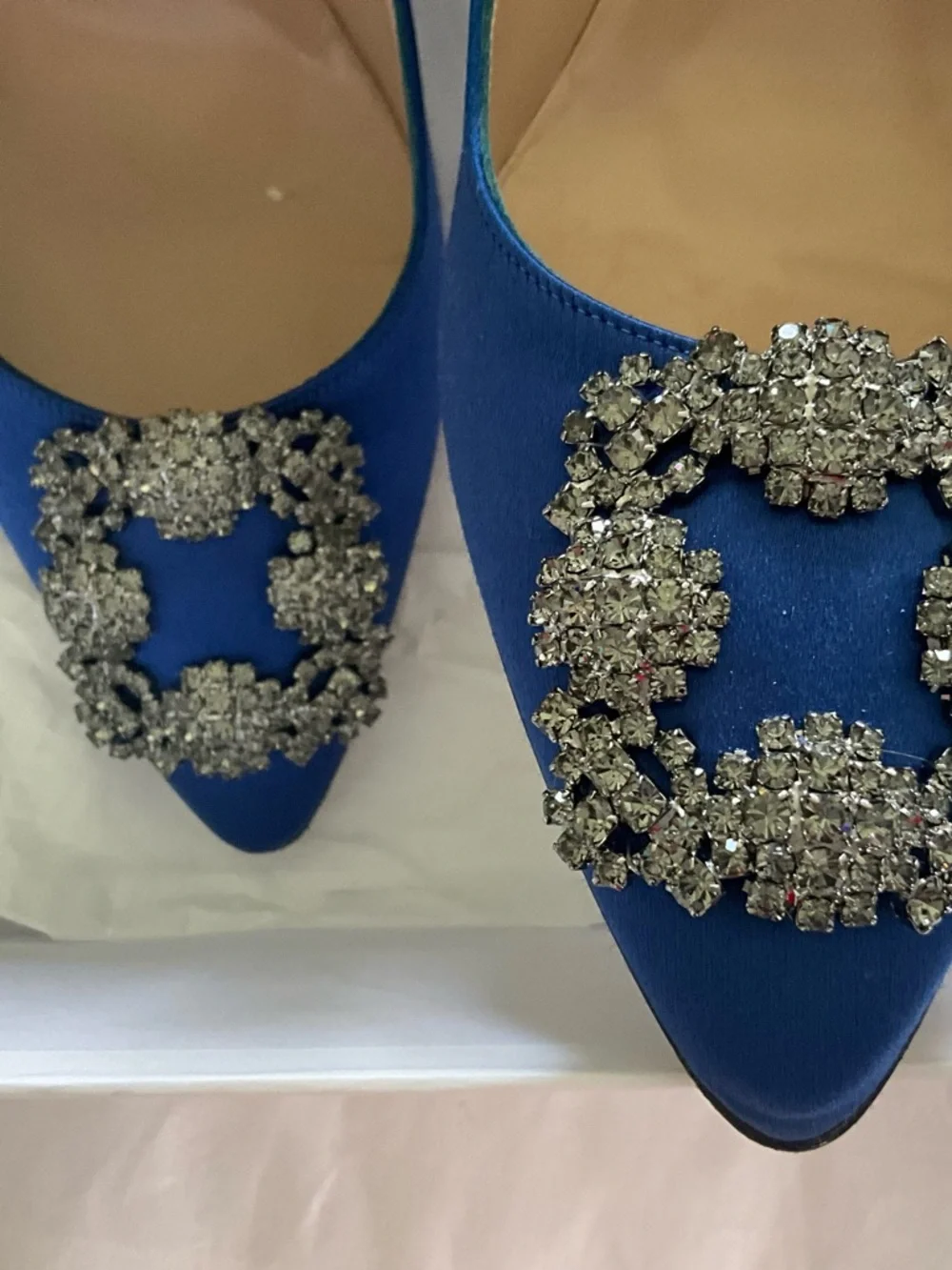 Manolo Blahnik Royal Blue Satin Pointed-Toe Crystal Buckle Pumps